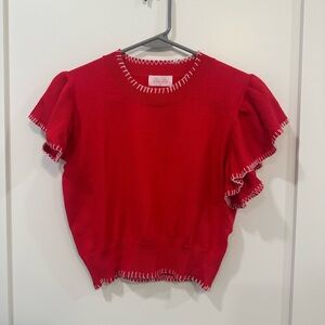 Pink Lily Cropped Red Ruffle Sleeve Knit Top
